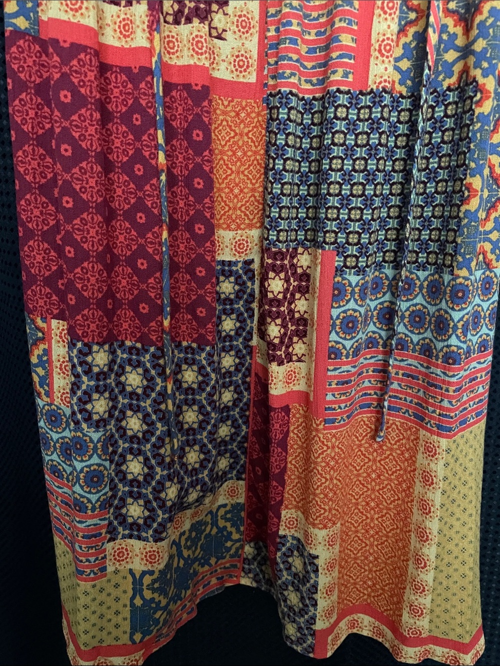 Patchwork Print Long-Sleeve V-Neck Dress in Red & Blue - Picture 11 of 15